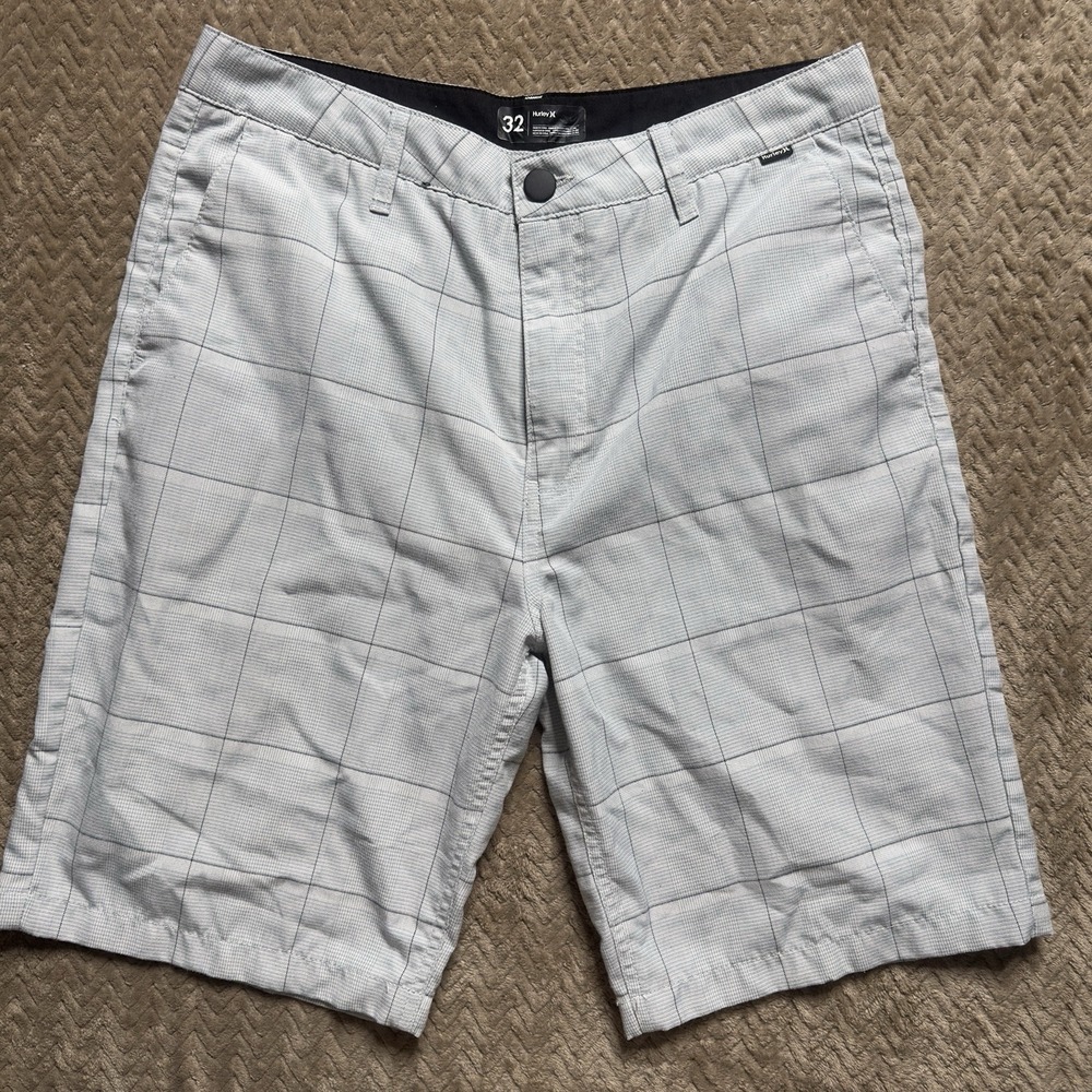 Hurley Mens Board Shorts White Gray Plaid Size 32 Inseam 10"